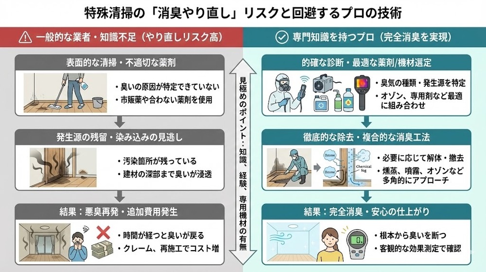 孤独死の臭いが取れなくて諦めてませんか。完全消臭のメカニズムと業者選びの図解