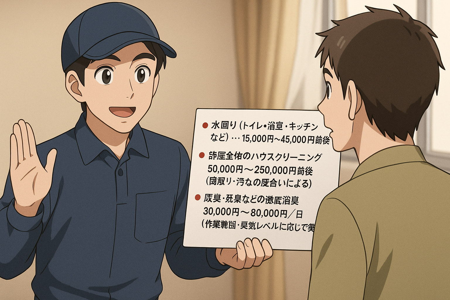 部屋の清掃や料金を案内してるまごのてのスタッフ