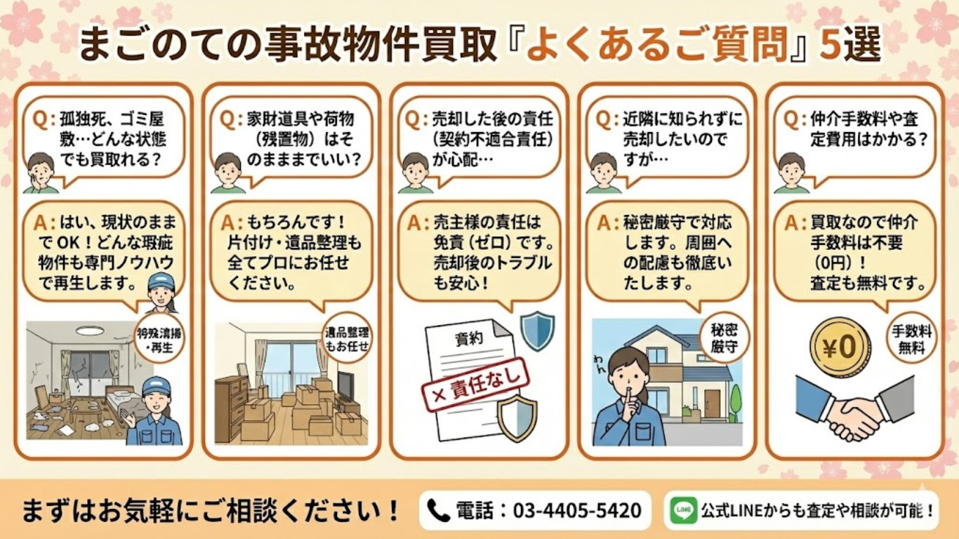 事故物件買取よくある質問。孤独死が起きた部屋ですが買取れますか？殺人事件があっても大丈夫？