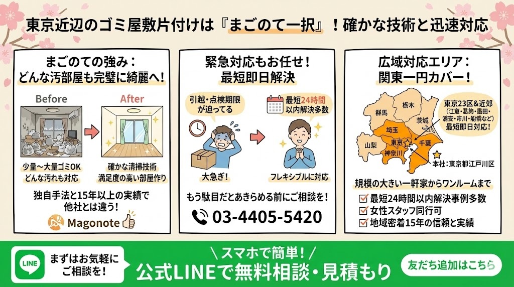 まごのてのゴミ屋敷片付けは東京都、神奈川、埼玉、千葉、茨城全域で対応できます