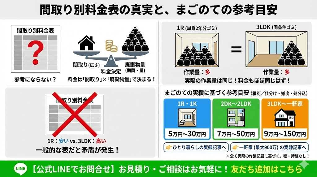ワンルームから3LDKのゴミ屋敷片付け料金表