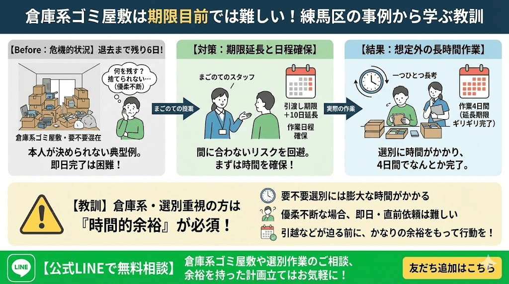 倉庫系ゴミ屋敷で優柔不断な人は余裕をもってご依頼ください
