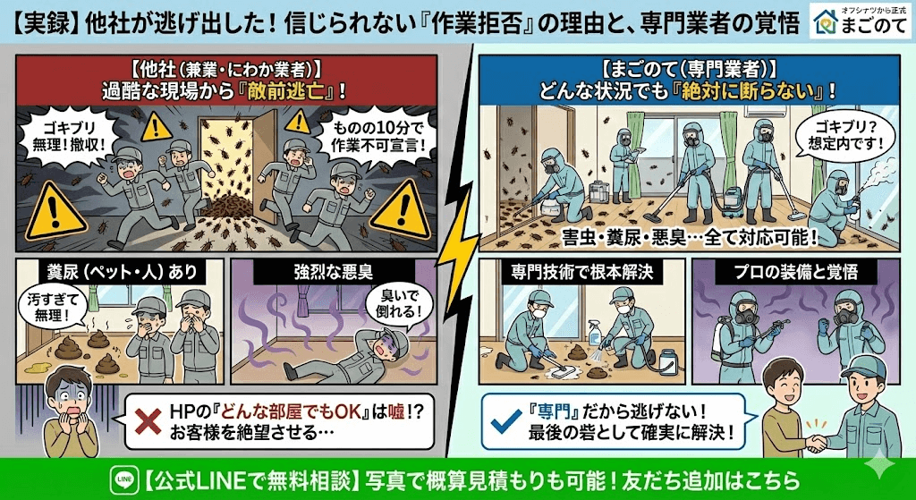 ゴキブリ、糞尿で逃げ出すゴミ屋敷片付け業者