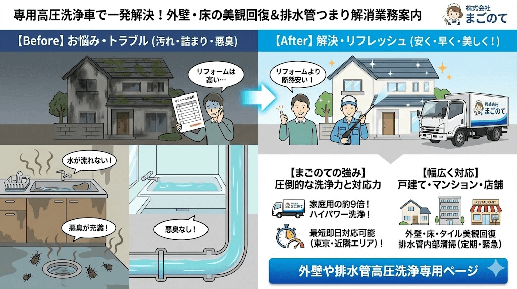 外壁や排水管の高圧洗浄もまごのて