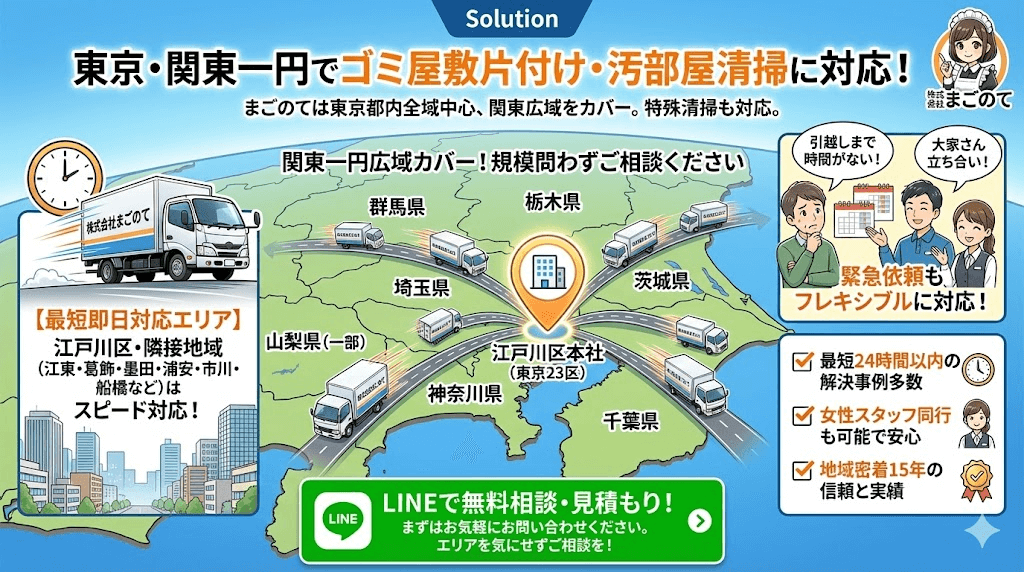 まごのてのゴミ屋敷片付けは東京都、神奈川、埼玉、千葉、茨城全域で対応できます