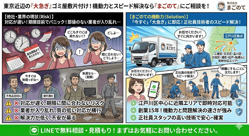 まごのてのゴミ屋敷片付けは東京都、神奈川、埼玉、千葉、茨城全域で対応できます