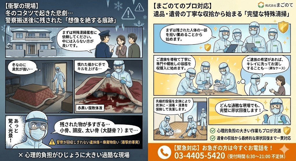 こたつで亡くなり下半身が溶けていた孤独死部屋