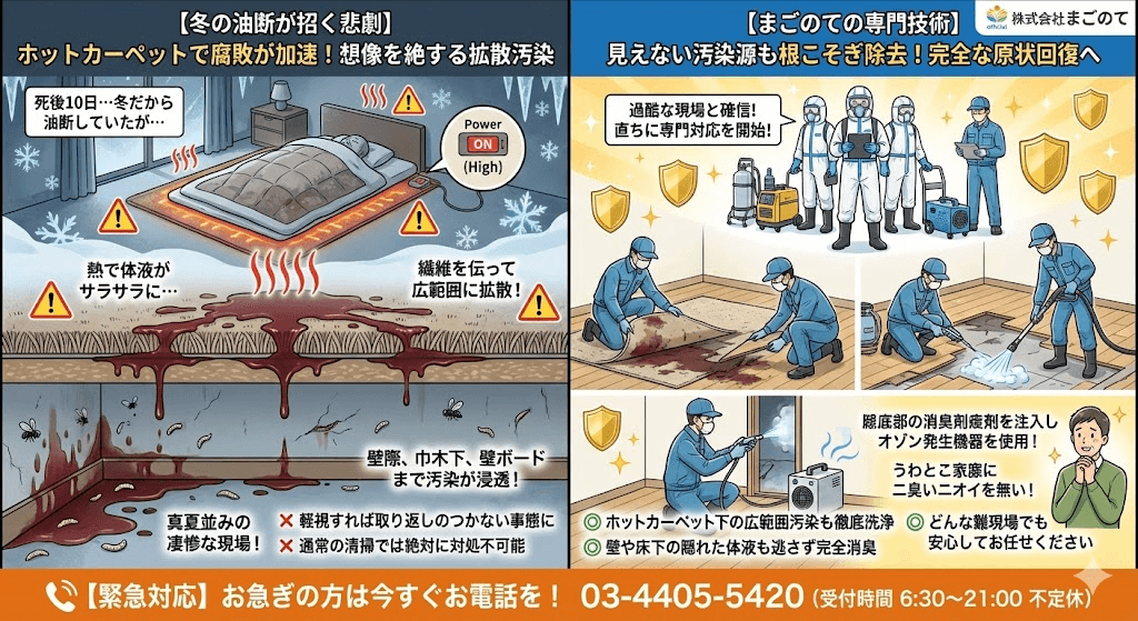 暖房器具の影響で夏と同じ程度の特殊清掃現場となる