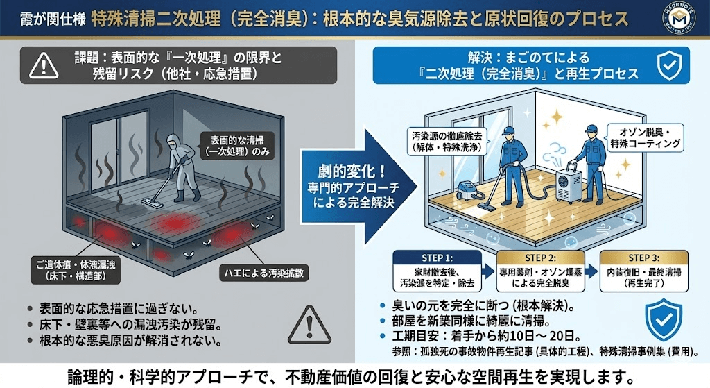 完全消臭をし絶対ににおいが戻らないように処理