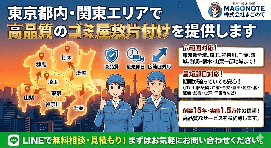 まごのてのゴミ屋敷片付けは東京都、神奈川、埼玉、千葉、茨城全域で対応できます