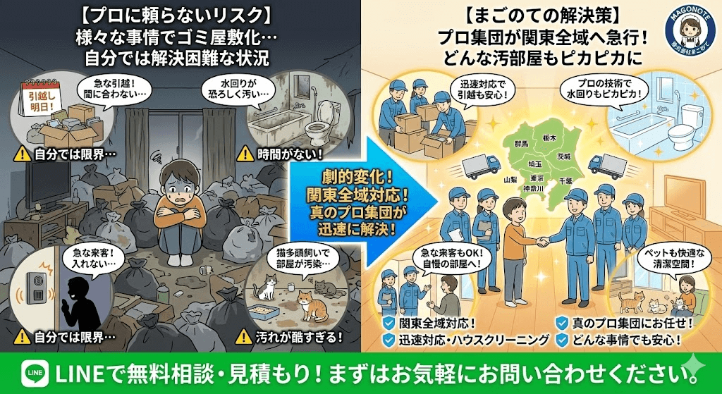 まごのてのゴミ屋敷片付けは東京都、神奈川、埼玉、千葉、茨城全域で対応できます