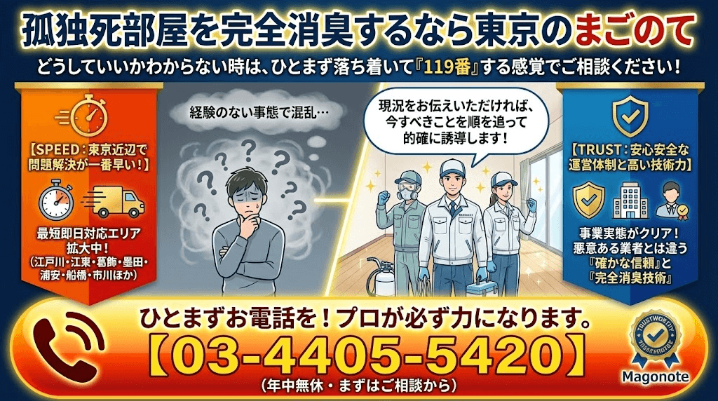 至急孤独死の臭いを消臭する特殊清掃の「まごのて」