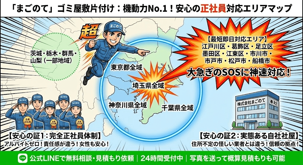 ゴミ屋敷片付け対応エリア。東京都内はもちろん千葉、茨城、埼玉、神奈川全域と群馬・山梨・栃木の一部地域