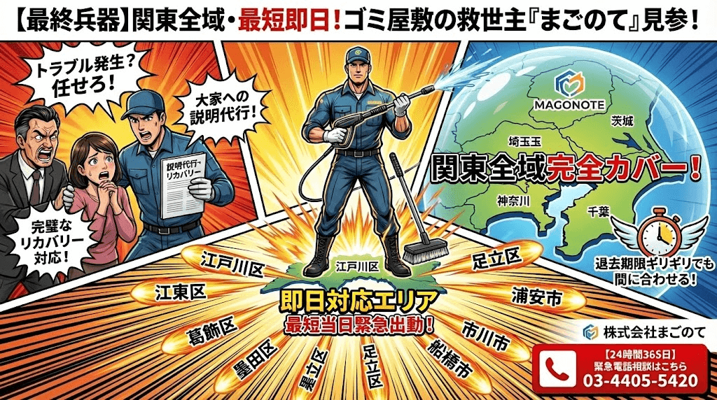 まごのてのゴミ屋敷片付けは東京都、神奈川、埼玉、千葉、茨城全域で対応できます