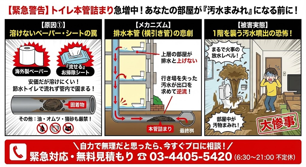 排水管が詰まる理由を図案化