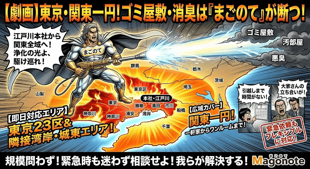 まごのてのゴミ屋敷片付けは東京都、神奈川、埼玉、千葉、茨城全域で対応できます
