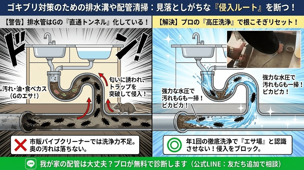 ゴキブリ対策の排水管高圧洗浄