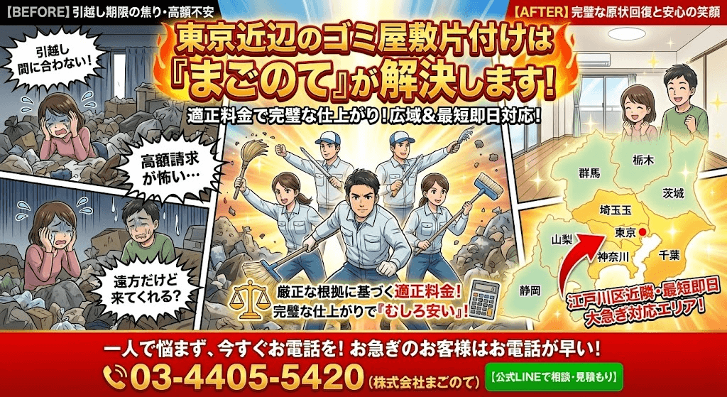 まごのてのゴミ屋敷片付けは東京都、神奈川、埼玉、千葉、茨城全域で対応できます