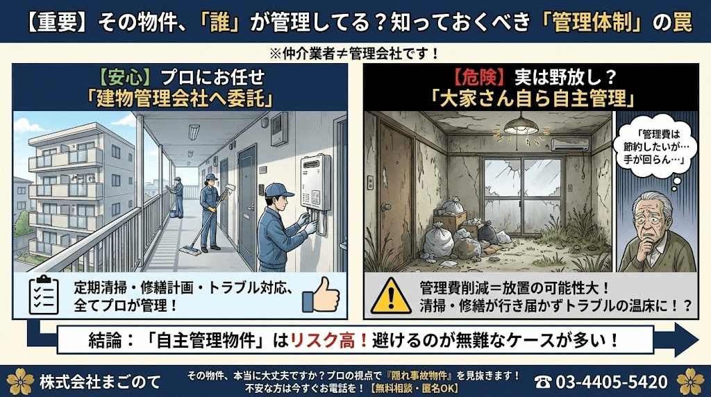 管理会社が管理してるか、大家さんの自主管理かチェック
