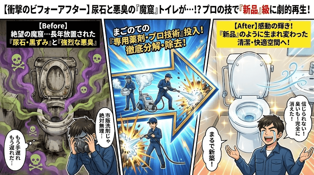 尿石ガッチリのトイレを蘇らせるプロの技