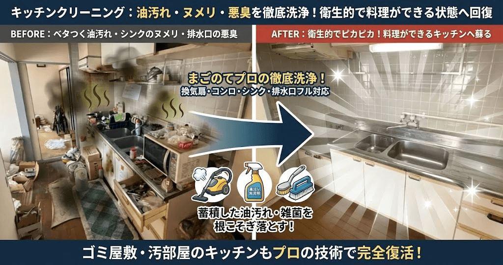 汚れたキッチンがよみがえるまごのての汚部屋ハウスクリーニング