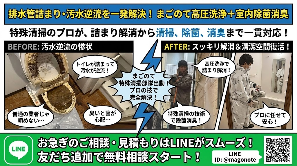 トイレ汚水逆流詰まり解消と消臭消毒