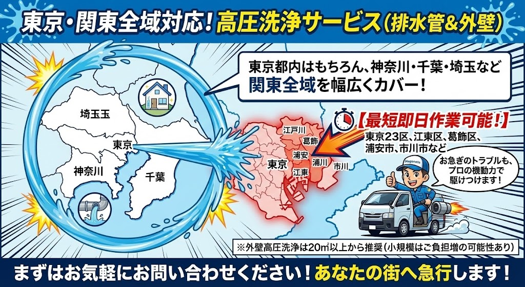 排水管、外壁高圧は東京近辺素早く伺います