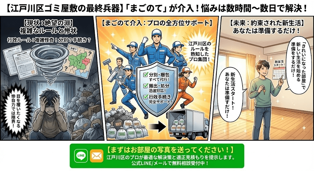 江戸川区のゴミ屋敷片付け業者ならまごのて一択