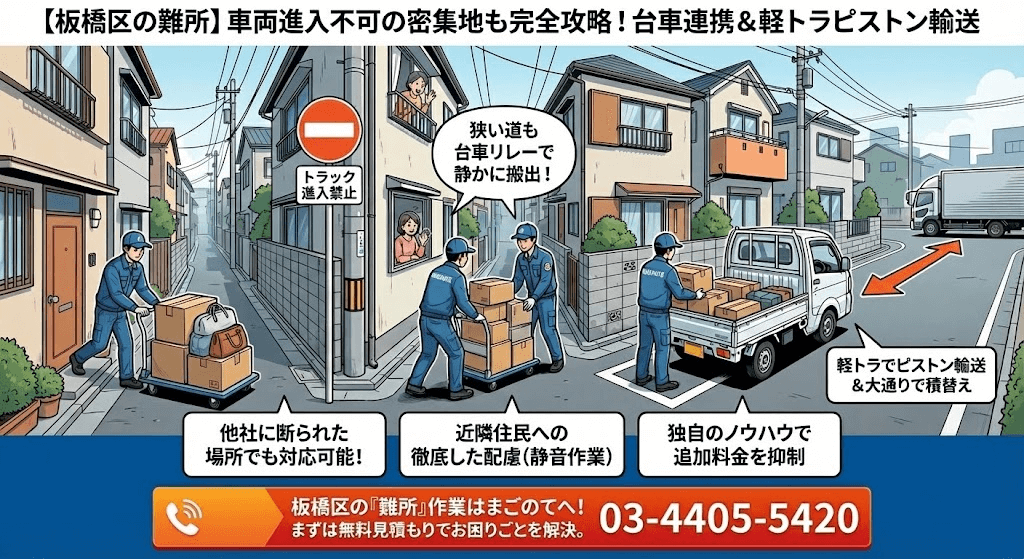 狭い道でも抜群のチームワークと搬出技術のまごのて