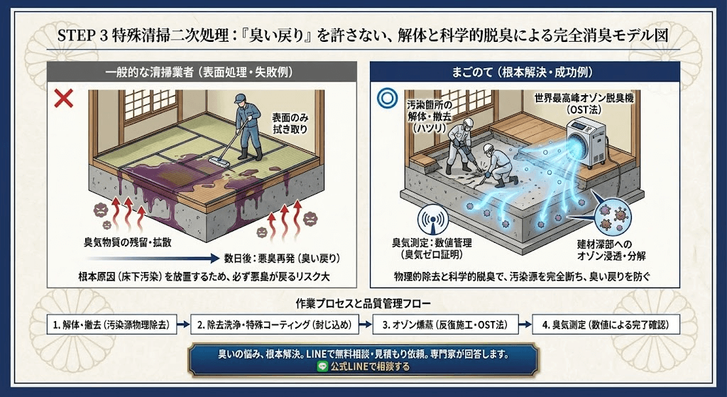 完全消臭をし絶対ににおいが戻らないように処理