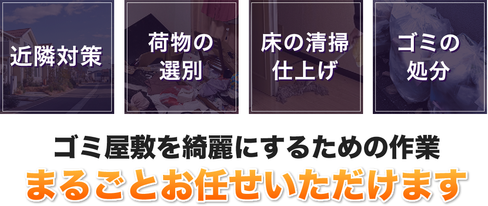 ゴミ屋敷のお片付け。近隣対策・荷物の選別・床の清掃仕上げ・ゴミの処分　ゴミ屋敷を綺麗にするための作業まるごとお任せいただけます